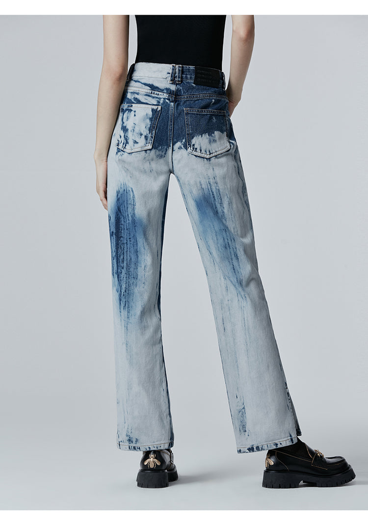 SHOWROOM PLUS TSUNAMI washed straight-leg jeans, rear three-quarter wash pattern