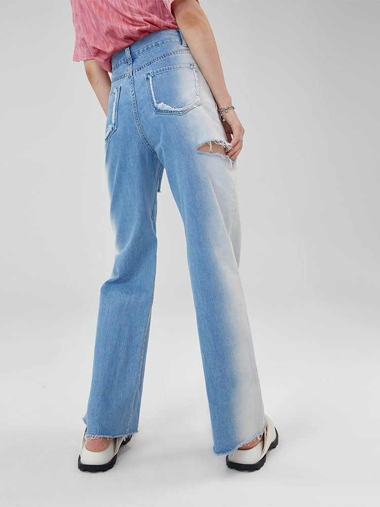 CLICK CHIC BLUE BEAM faded slit-detail jeans, rear three-quarter waist-to-hem view