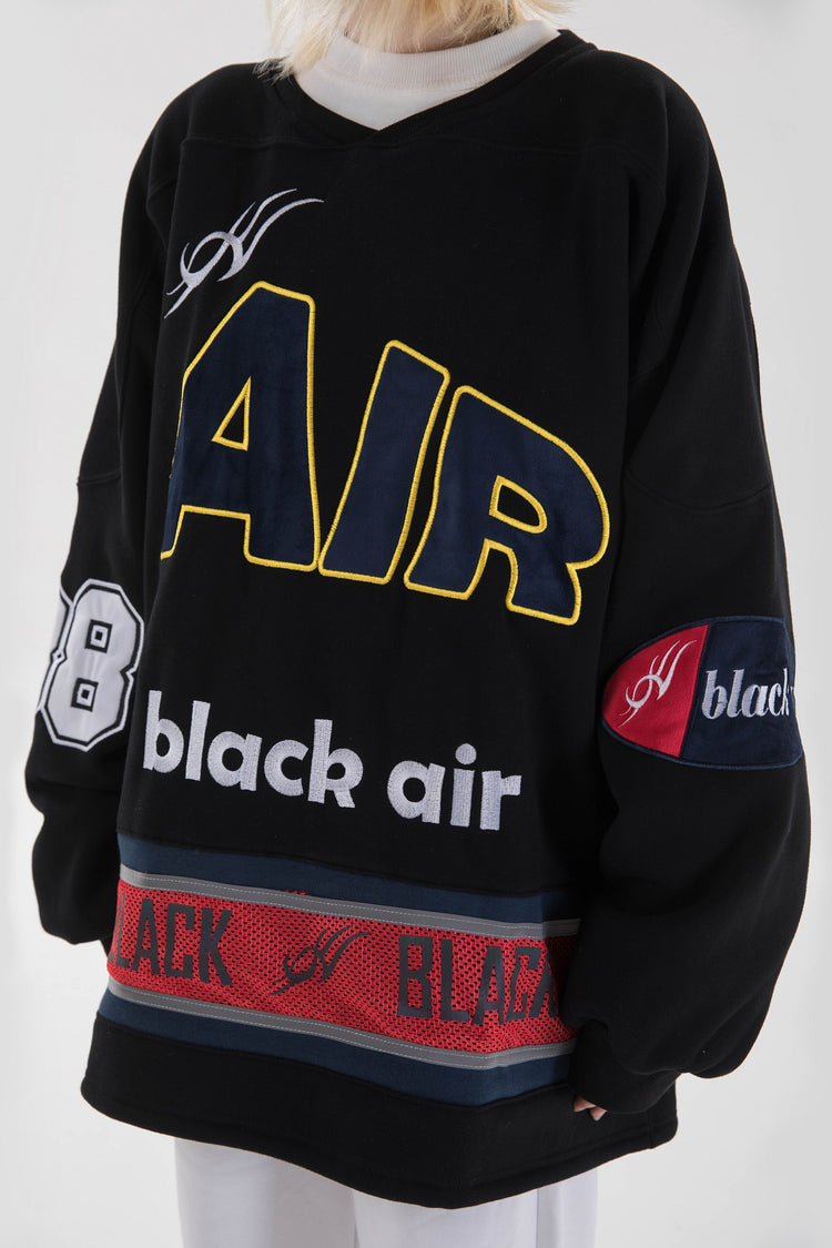 BLACKAIR varsity-letter sweatshirt, black, close chest lettering and patches