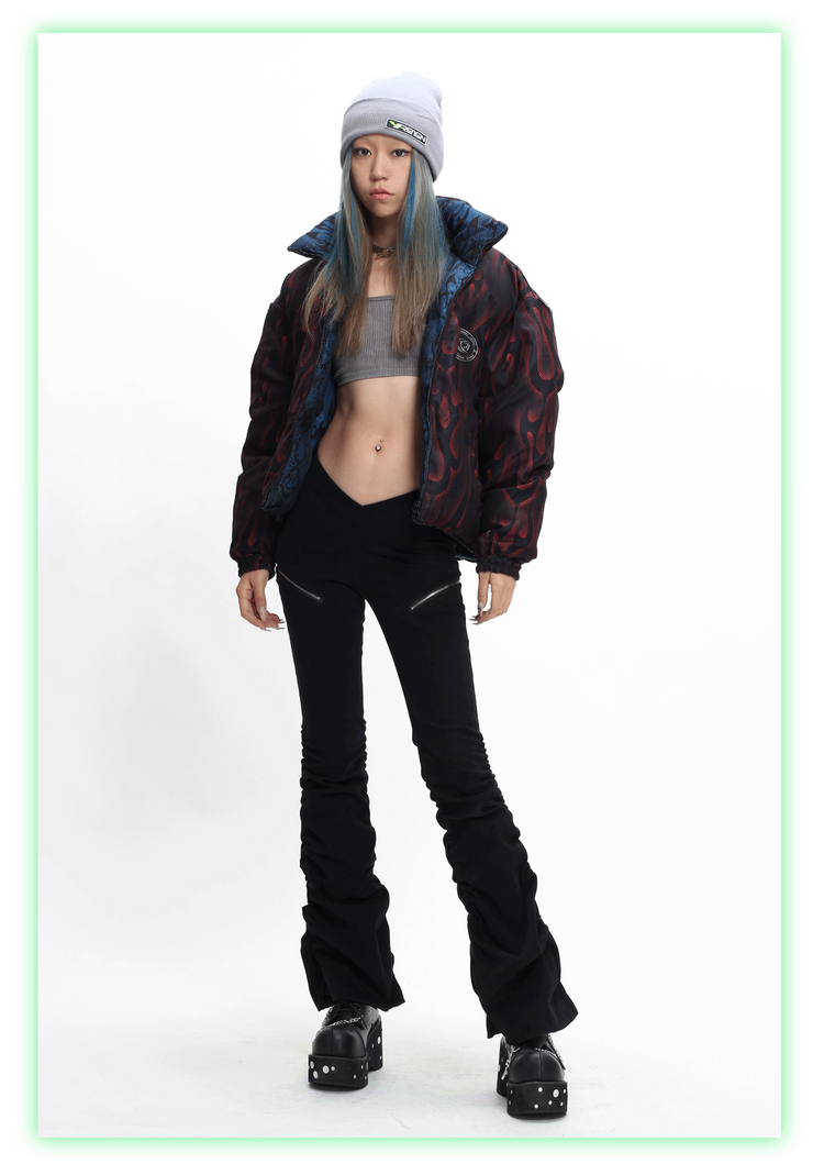 4RE1GN PYTHON FLAME reversible graphic puffer jacket, red side, full front outfit with the jacket open