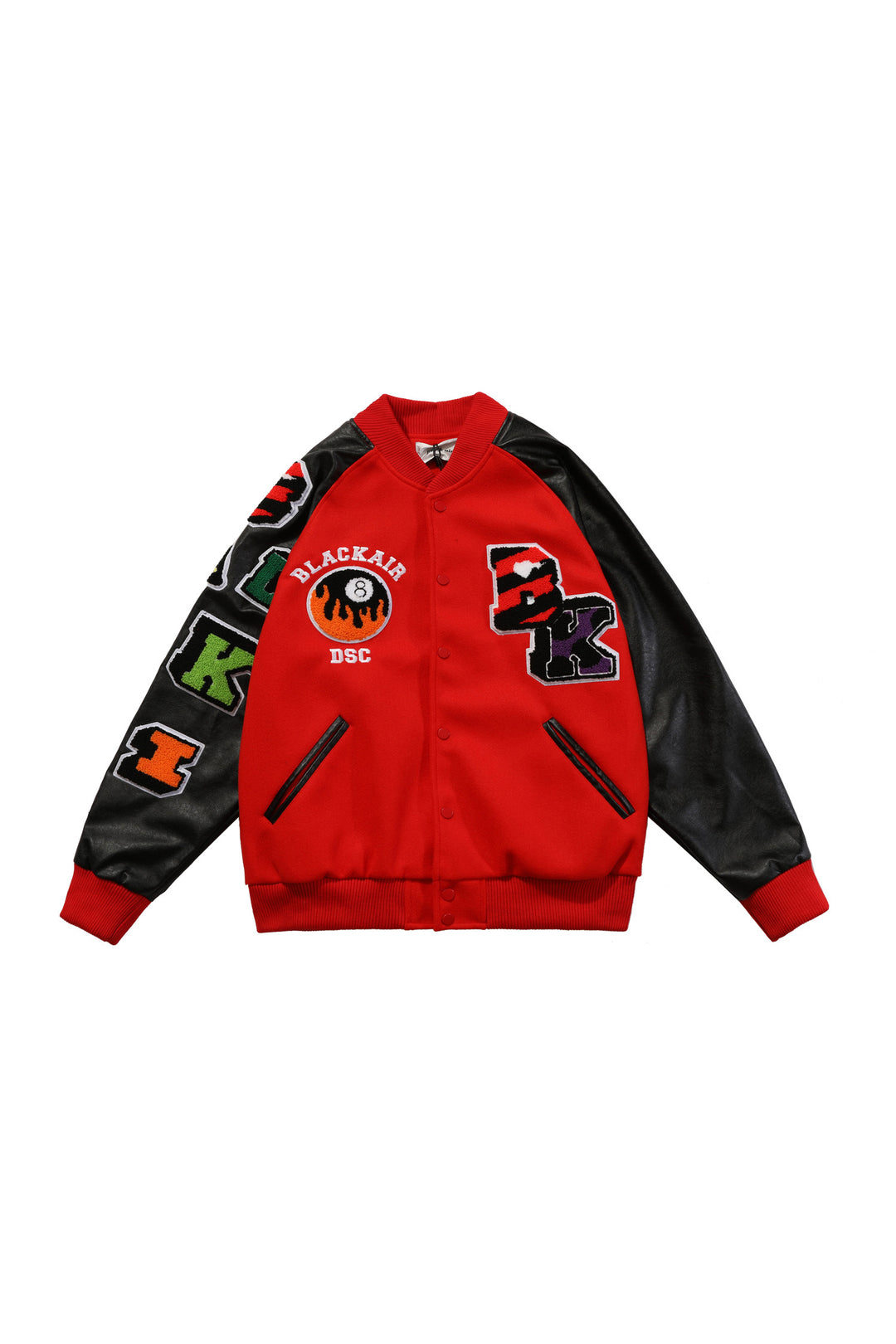 BLACKAIR FIRE POOL eight-ball varsity jacket, red version, product-only front with eight-ball patch