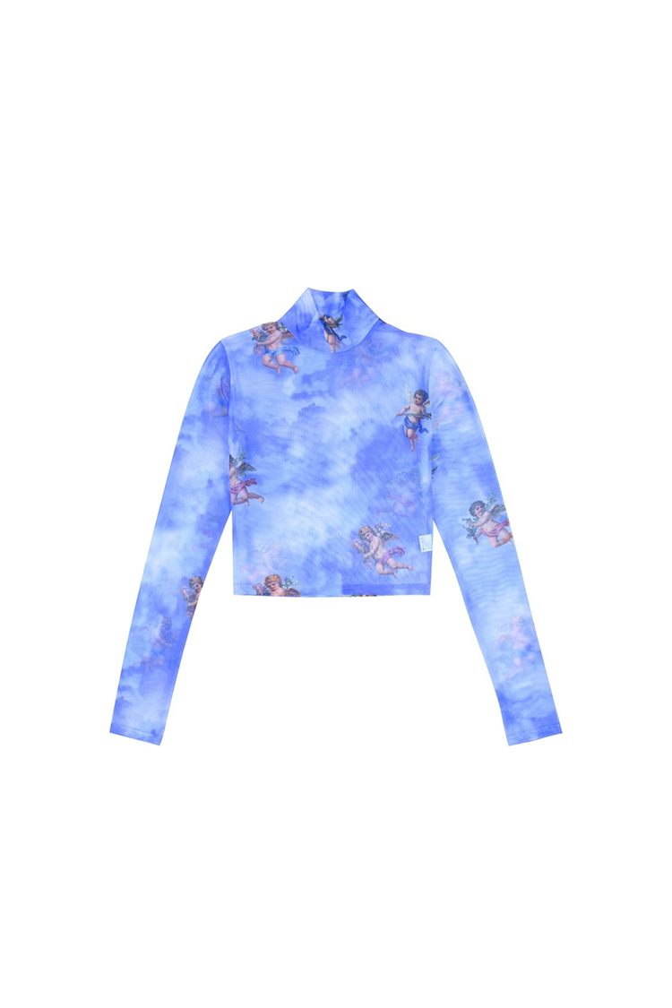 CLICK CHIC ANGEL cherub-print mesh crop top, product-only front showing cherub print