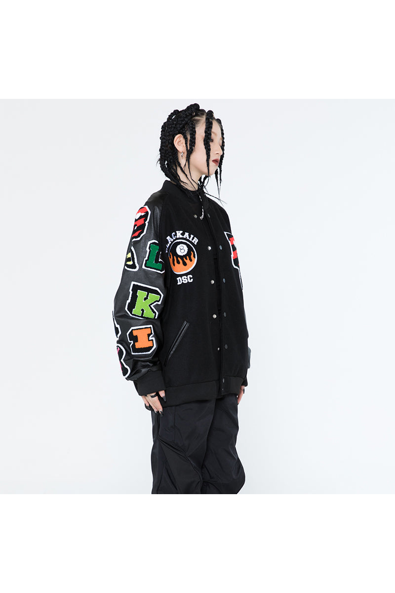 BLACKAIR FIRE POOL eight-ball varsity jacket, black version, side-front styling