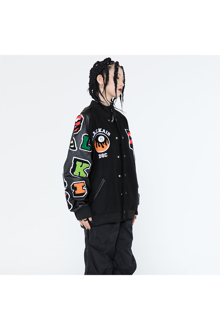 BLACKAIR FIRE POOL eight-ball varsity jacket, black version, side-front styling