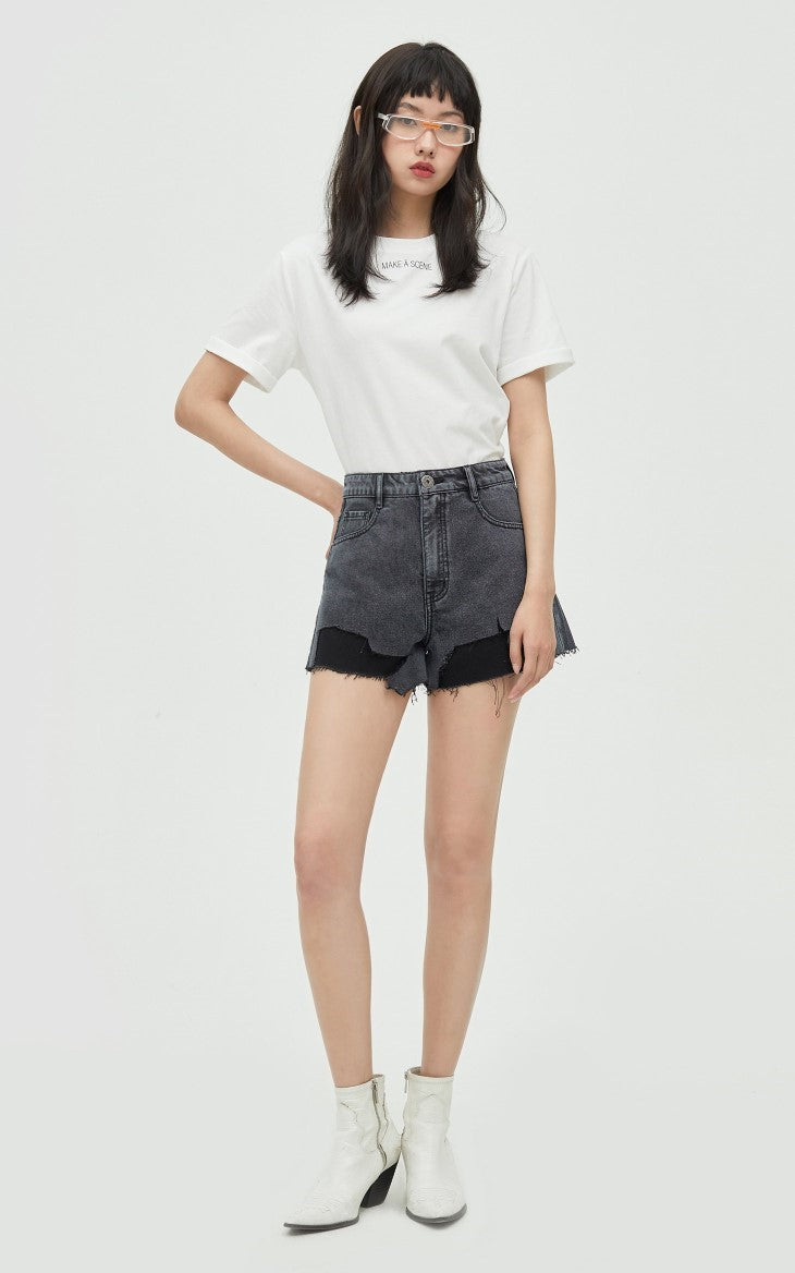 ONLY PAPER TEAR patchwork denim shorts, black, full front outfit