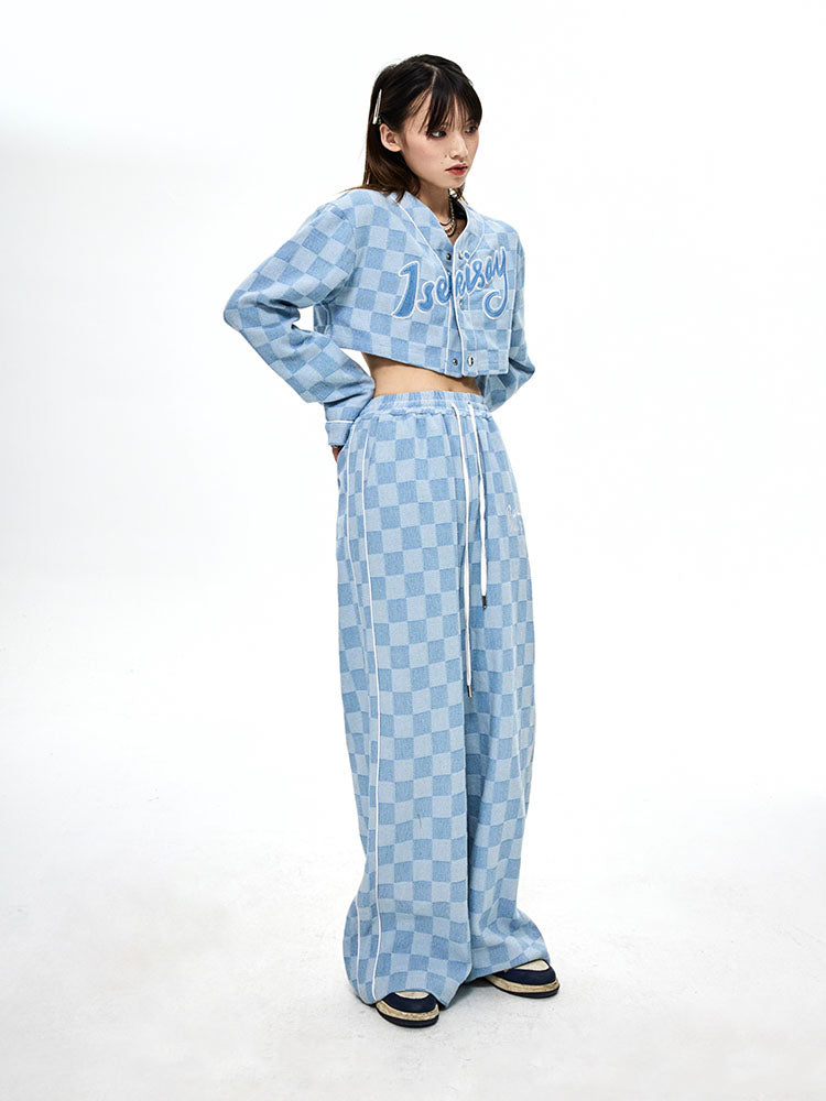 ICIC CHECKER cropped denim baseball jacket, full side-front styling with matching pants
