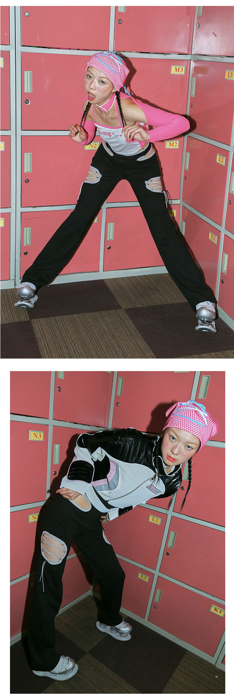 NEXT PASSPORT RETROFUTURE cutout pants, two-view pink-locker editorial collage