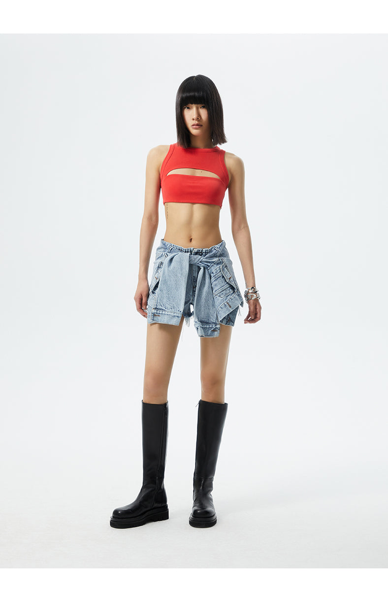 SHOWROOM PLUS ILLUSION tied-sleeve denim shorts, blue, front standing pose