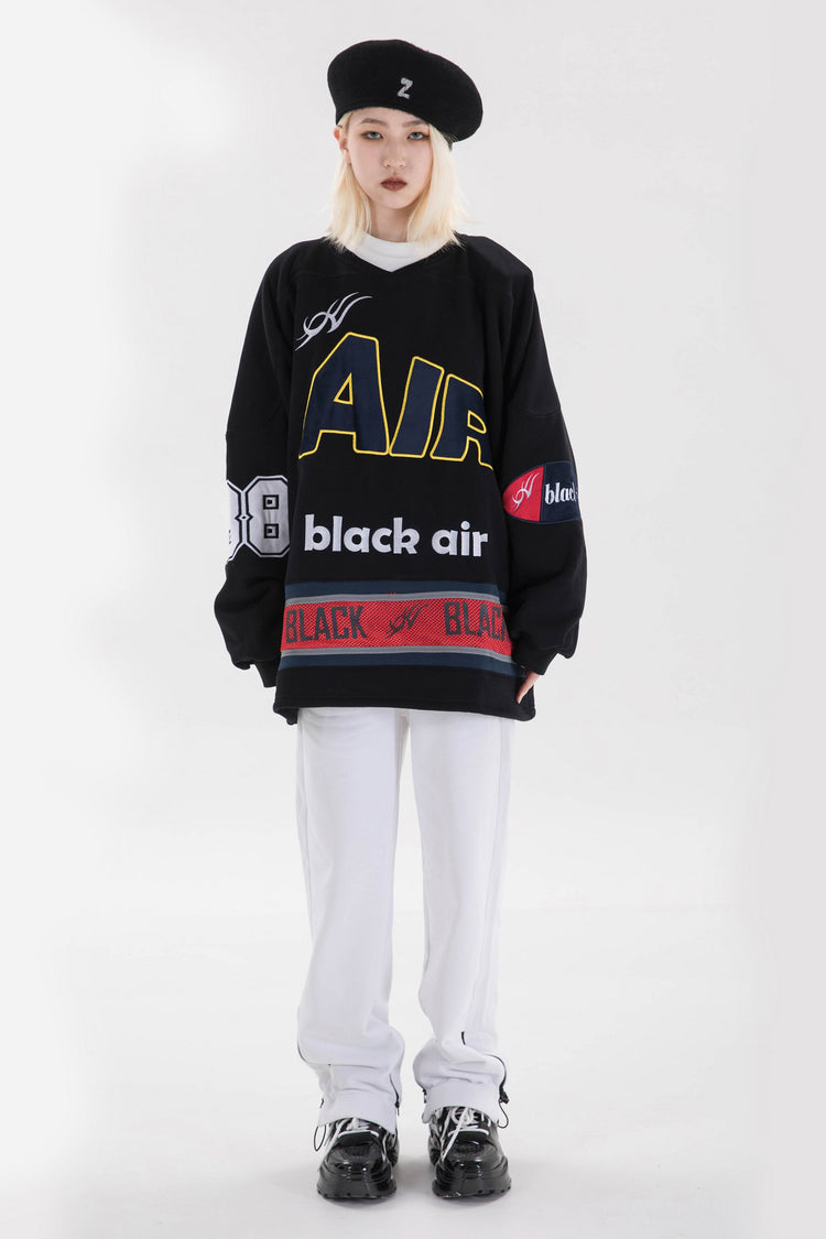 BLACKAIR varsity-letter sweatshirt, black, full front straight-on outfit