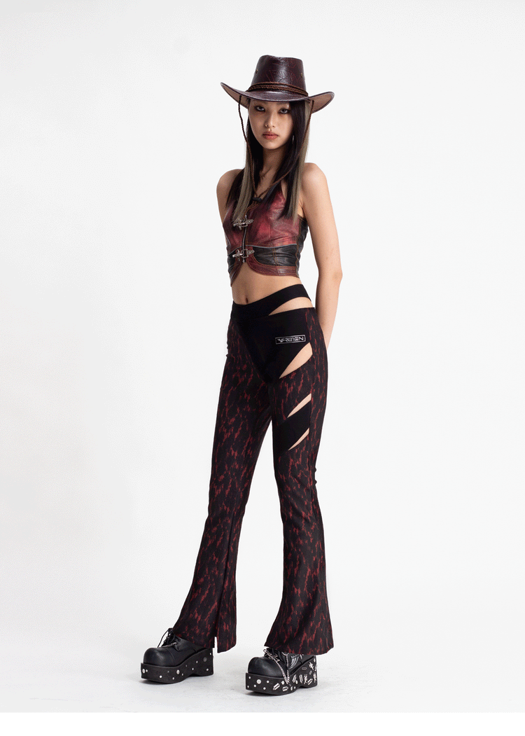 4RE1GN ASYMMETRY jacquard cutout flared pants, full outfit with a matching top and hat