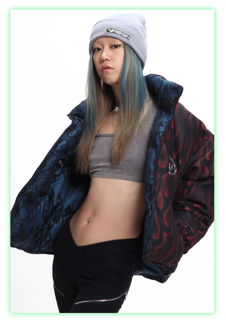 4RE1GN PYTHON FLAME reversible graphic puffer jacket, red side, open jacket revealing the blue reverse