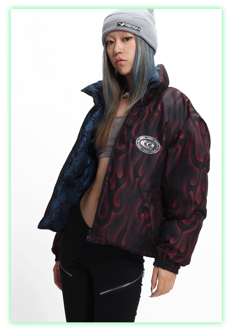 4RE1GN PYTHON FLAME reversible graphic puffer jacket, red side, close open-front styling