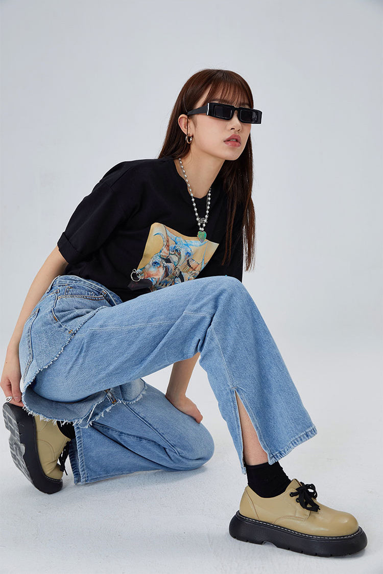 CLICK CHIC HACKWRENCH layered denim shorts, kneeling pose with shorts layered over separate jeans