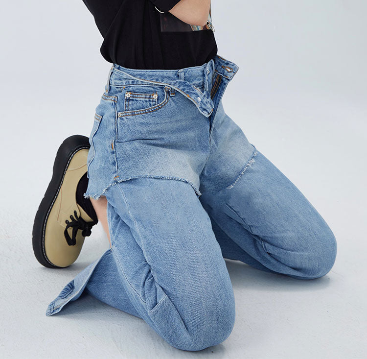 CLICK CHIC HACKWRENCH layered denim shorts, close layered waist and hip over separate jeans