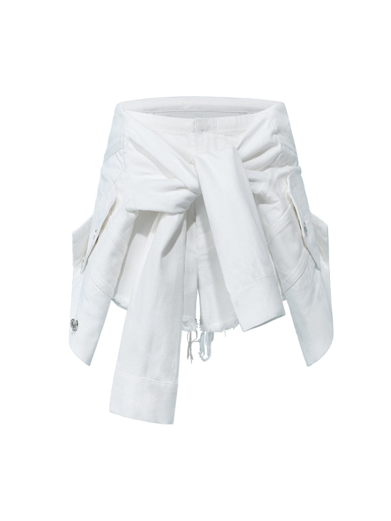 SHOWROOM PLUS ILLUSION tied-sleeve denim shorts, white, product-only front