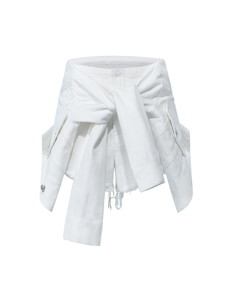 SHOWROOM PLUS ILLUSION tied-sleeve denim shorts, white, product-only front