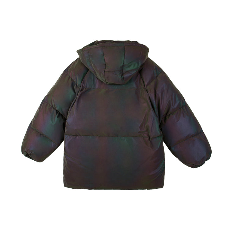 BLACKAIR LASER iridescent hooded puffer, dark product back with subdued reflections