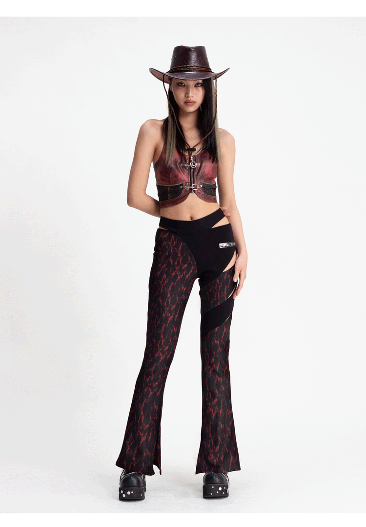 4RE1GN ASYMMETRY jacquard cutout flared pants, matching-top outfit with hands together