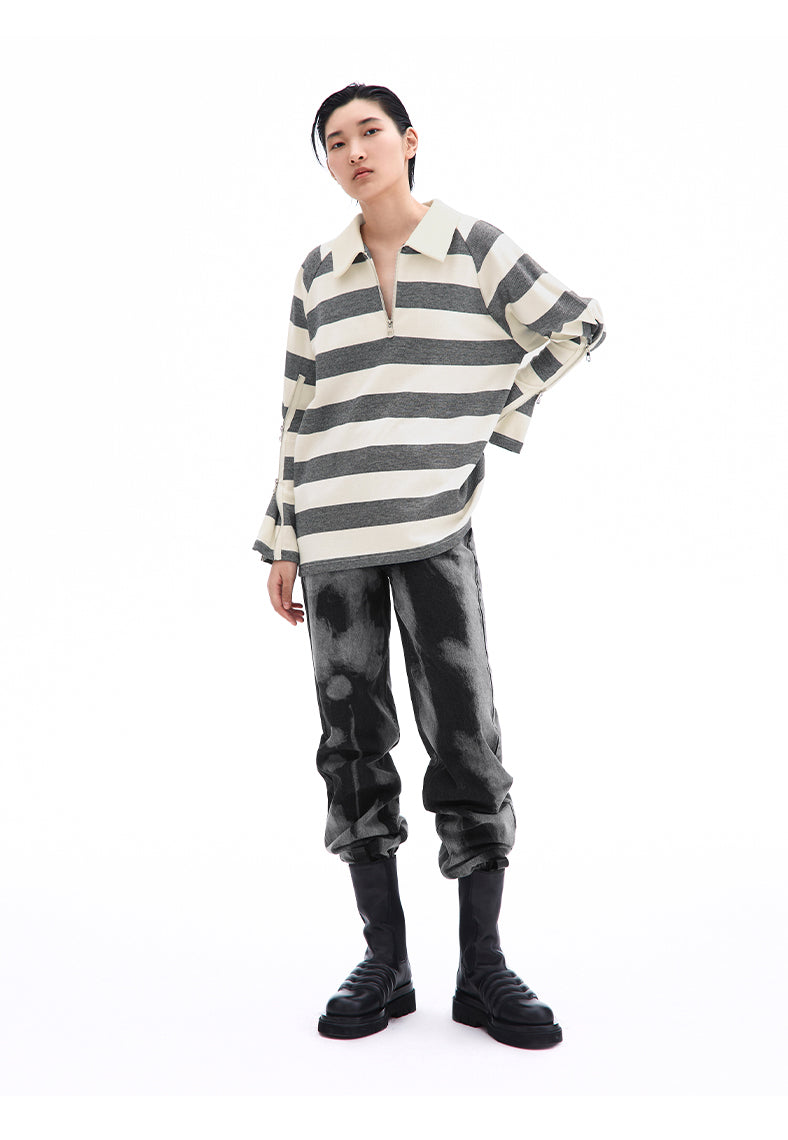 SHOWROOM PLUS SMOKY mottled-wash straight-leg jeans, full front pose with hand at waist