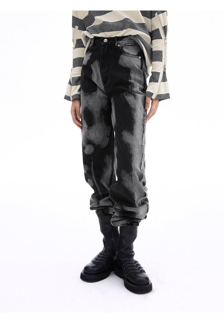SHOWROOM PLUS SMOKY mottled-wash straight-leg jeans, front outfit with striped shirt and boots