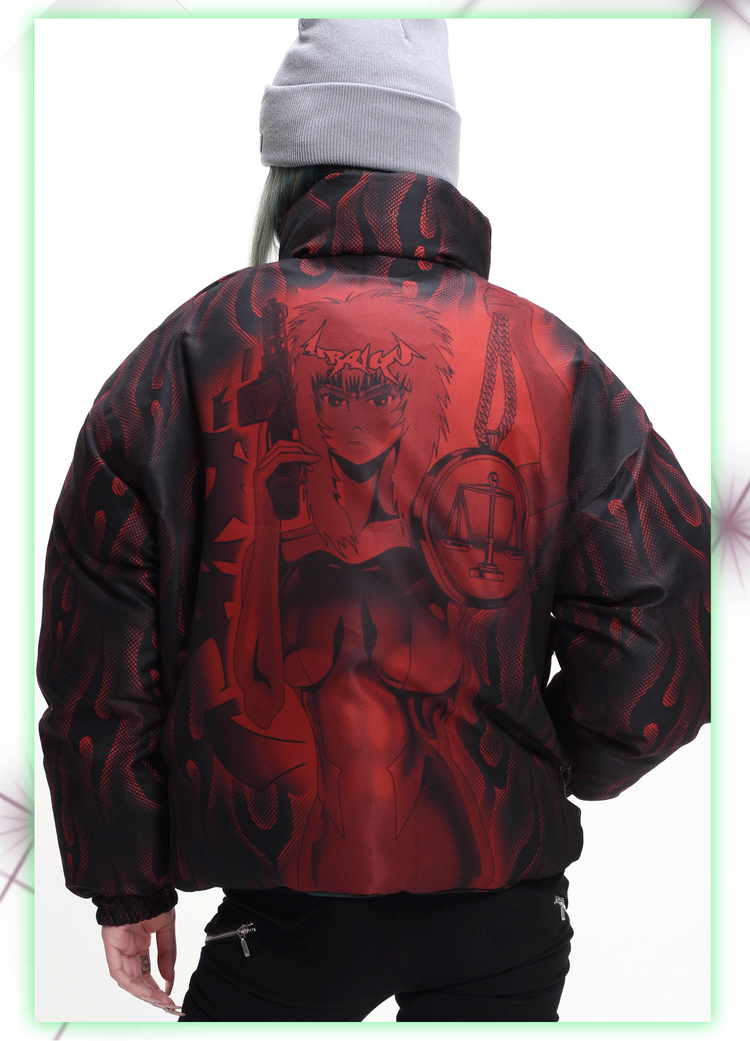 4RE1GN PYTHON FLAME reversible graphic puffer jacket, red side, full rear illustration view