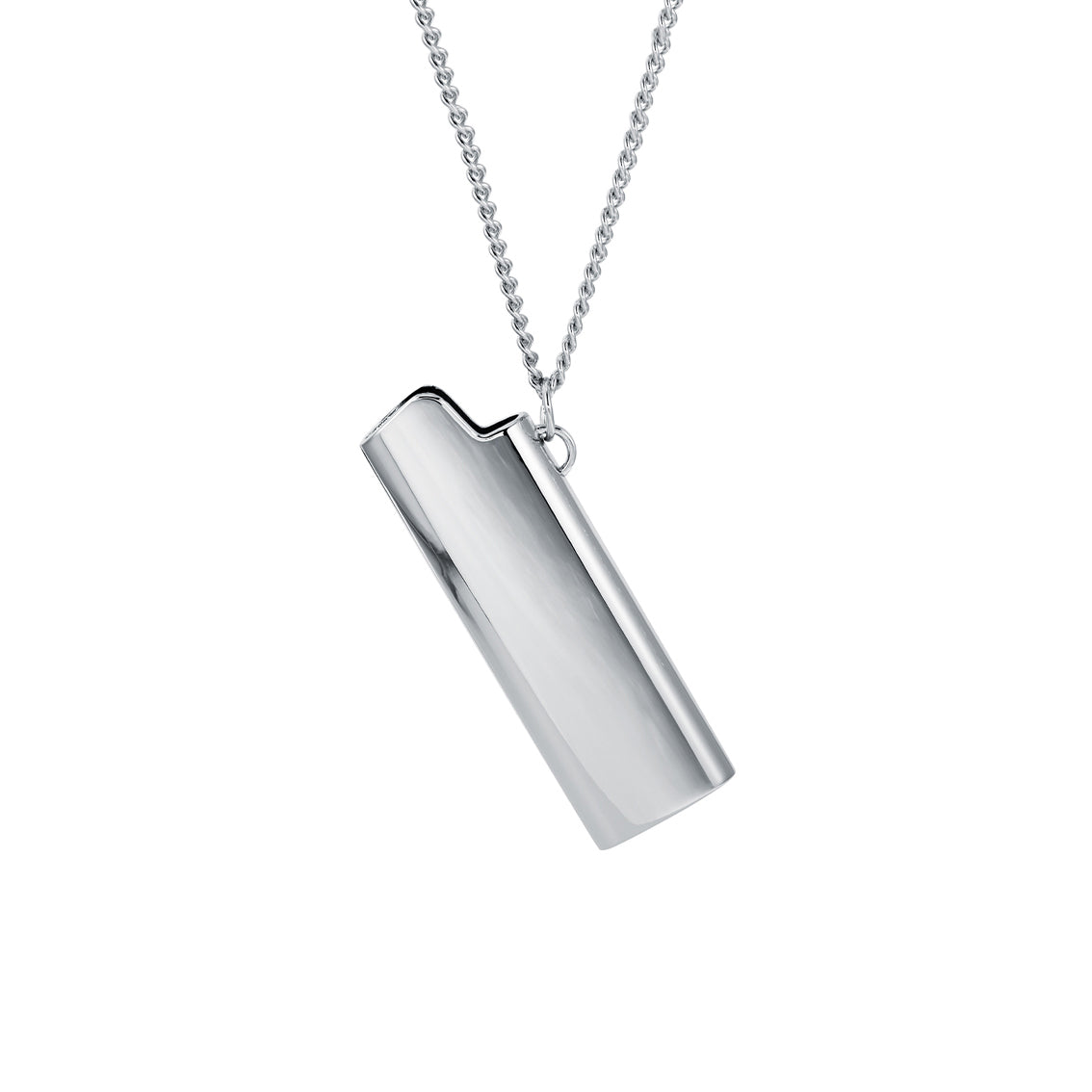 FIRE ELEMENT necklace, silver-tone pendant hanging from its chain on white