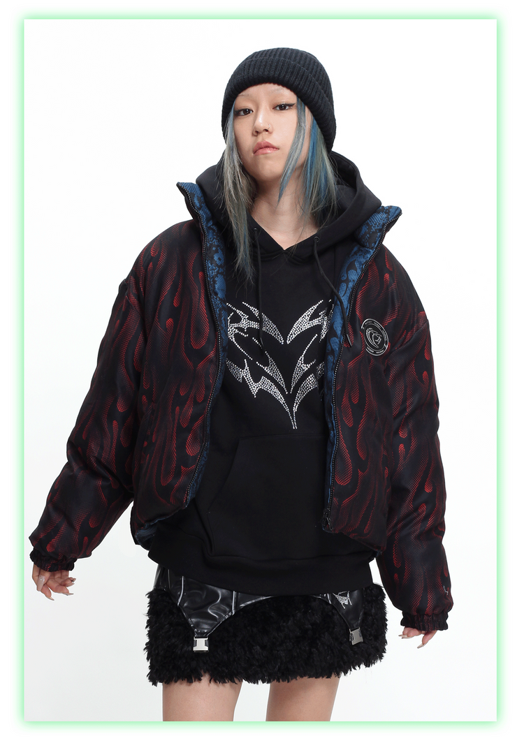 4RE1GN PYTHON FLAME reversible graphic puffer jacket, red side, open styling with a black graphic top