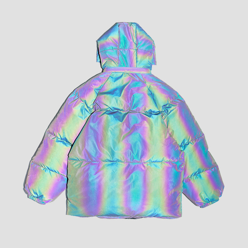 BLACKAIR LASER iridescent hooded puffer, product back with bright rainbow reflections