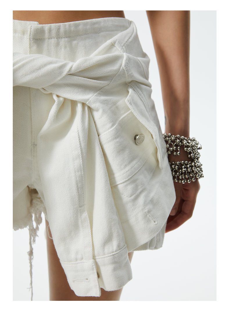 SHOWROOM PLUS ILLUSION tied-sleeve denim shorts, white, close knot and sleeve-cuff detail