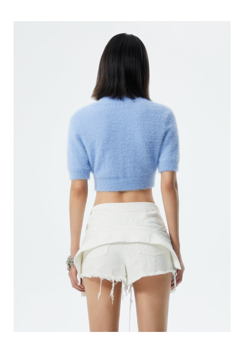 SHOWROOM PLUS ILLUSION tied-sleeve denim shorts, white, close rear outfit