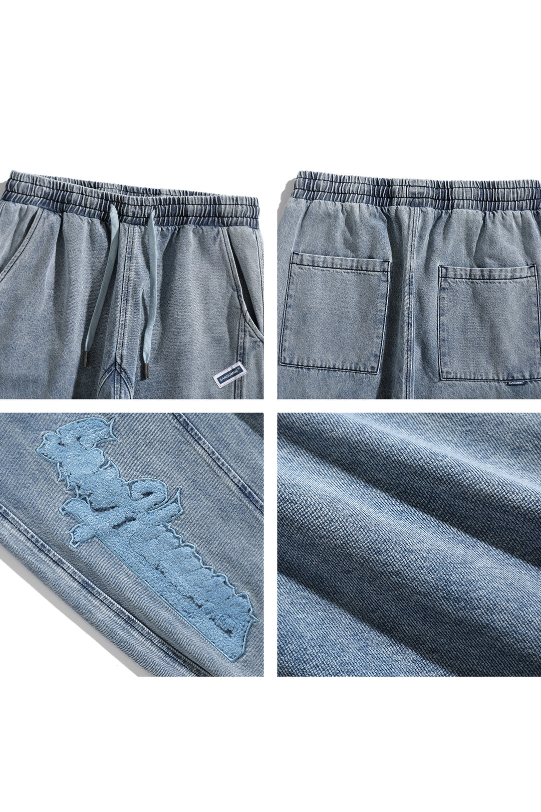 BJHG EMBROIDERED loose denim joggers, waist, rear-pocket, embroidery and denim texture collage