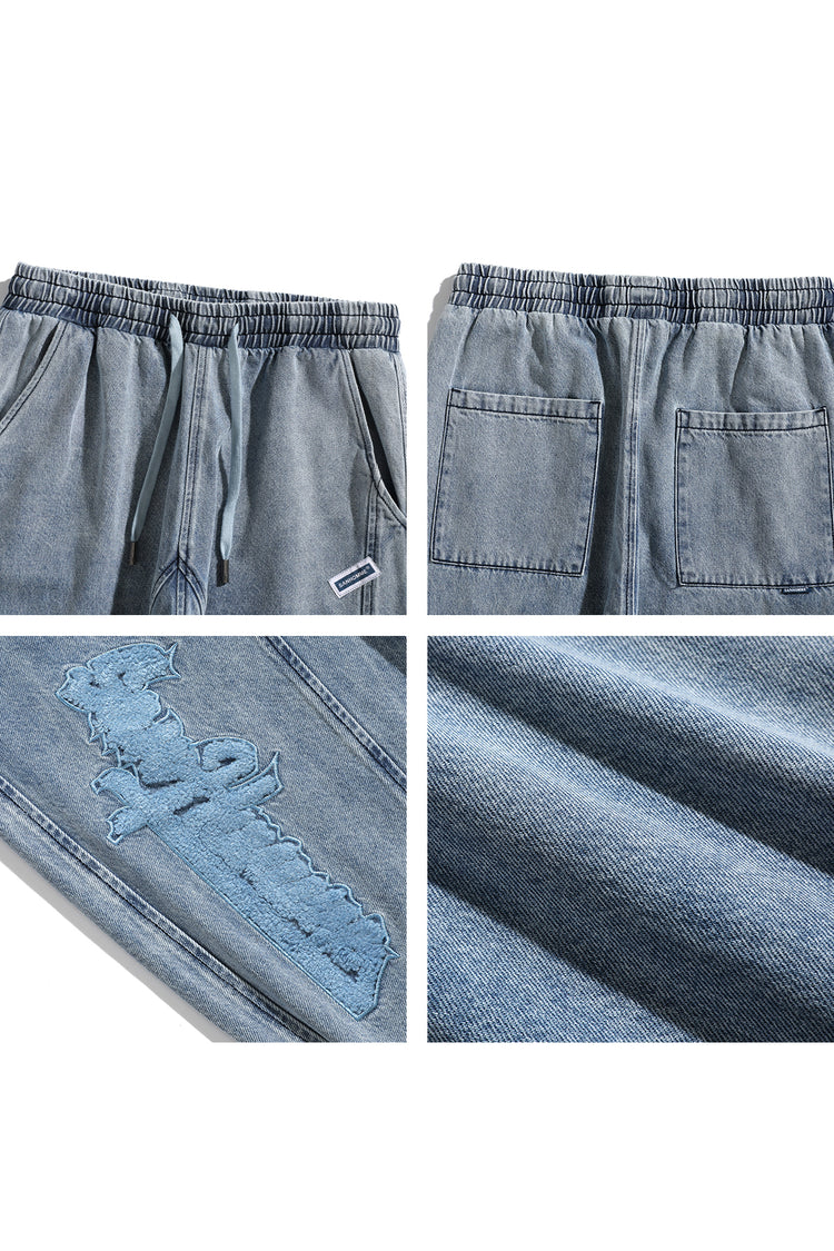 BJHG EMBROIDERED loose denim joggers, waist, rear-pocket, embroidery and denim texture collage