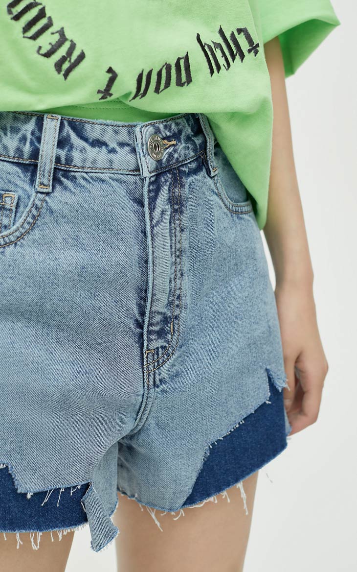 ONLY PAPER TEAR patchwork denim shorts, blue, button waist and patchwork hem detail