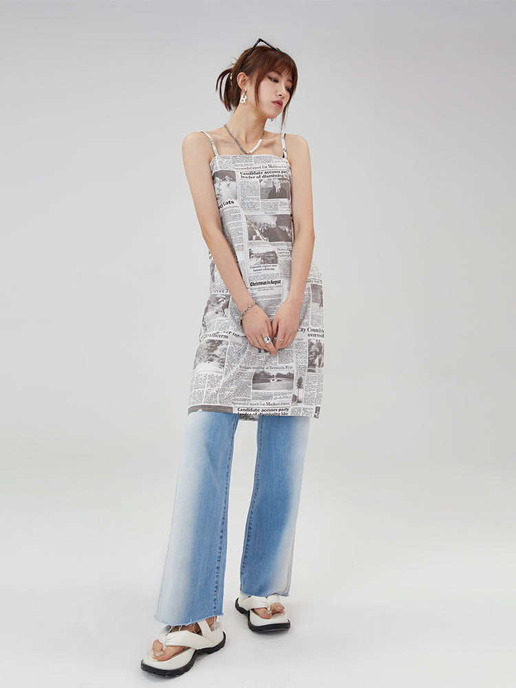 CLICK CHIC BLUE BEAM faded slit-detail jeans, front layered outfit with a newspaper-print dress