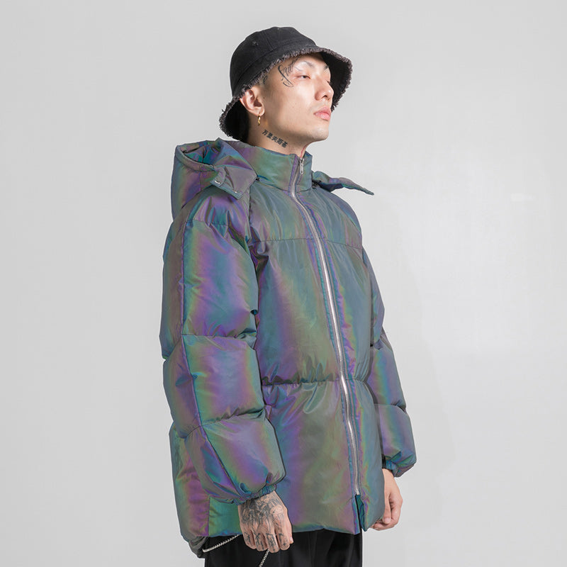BLACKAIR LASER iridescent hooded puffer, three-quarter modeled view with iridescent finish