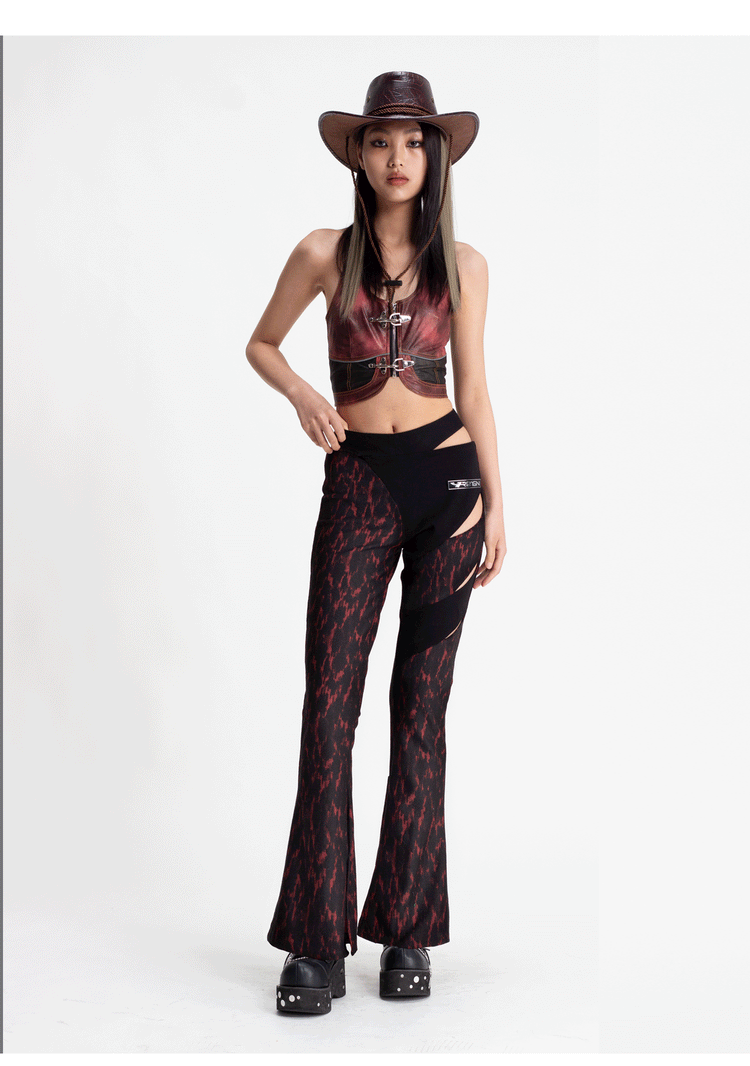 4RE1GN ASYMMETRY jacquard cutout flared pants, matching-top outfit with hands at the waist