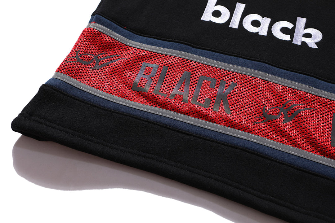 BLACKAIR varsity-letter sweatshirt, black, red lettered hem-band close-up