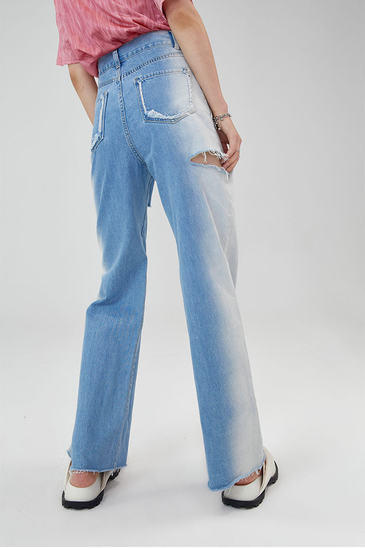 CLICK CHIC BLUE BEAM faded slit-detail jeans, rear pocket, slit and faded-leg detail