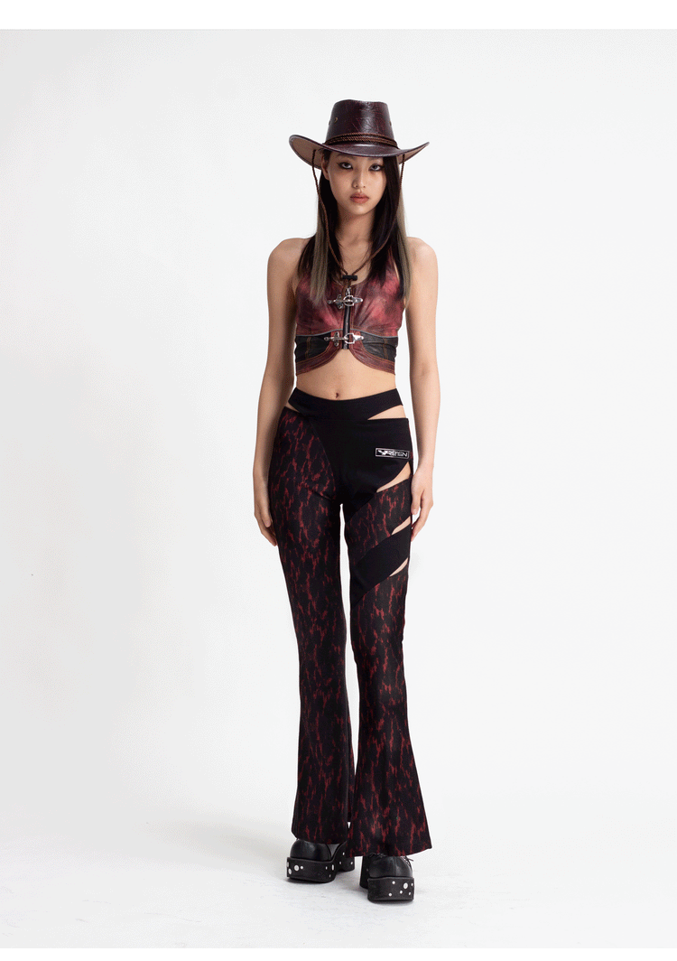 4RE1GN ASYMMETRY jacquard cutout flared pants, matching-top outfit with arms lowered