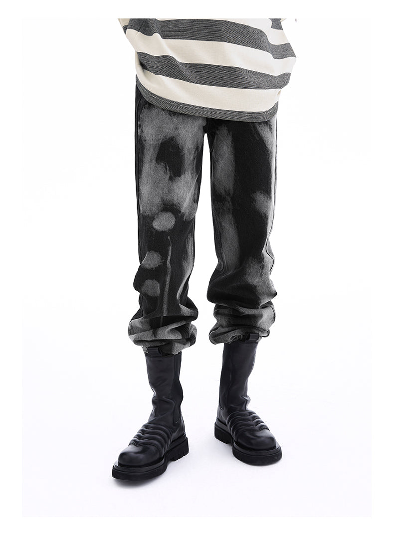 SHOWROOM PLUS SMOKY mottled-wash straight-leg jeans, front waist-to-boot view with legs apart