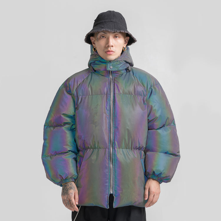 BLACKAIR LASER iridescent hooded puffer, front modeled view in soft iridescent lighting