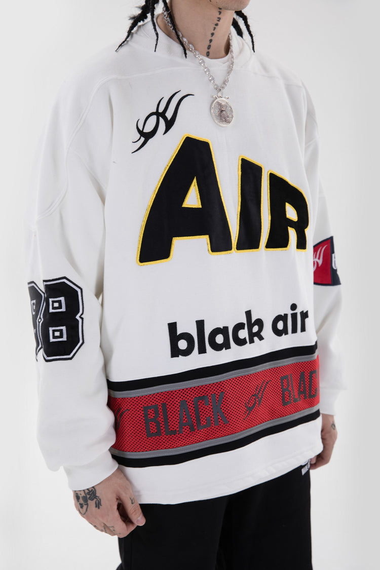 BLACKAIR varsity-letter sweatshirt, white, close front lettering view