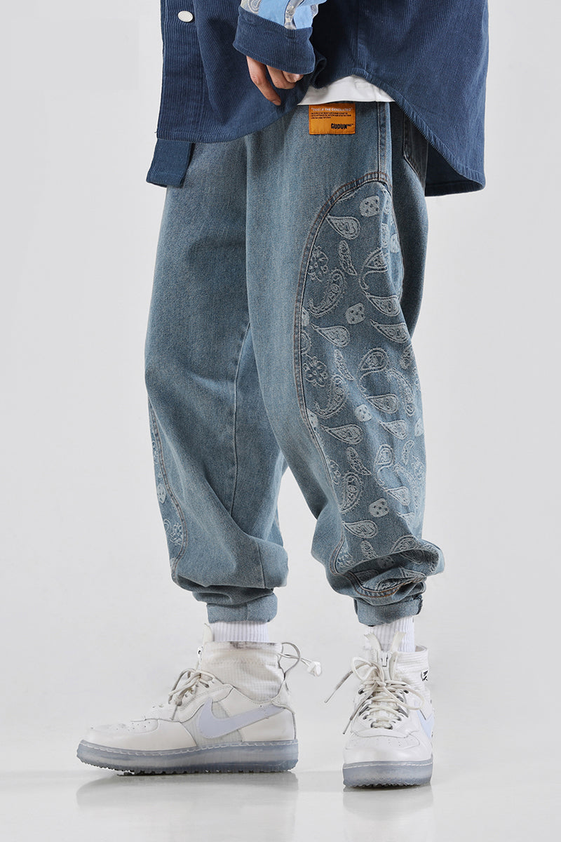 BJHG CASHEW paisley-panel loose jeans, front-side styling showing the loose cut
