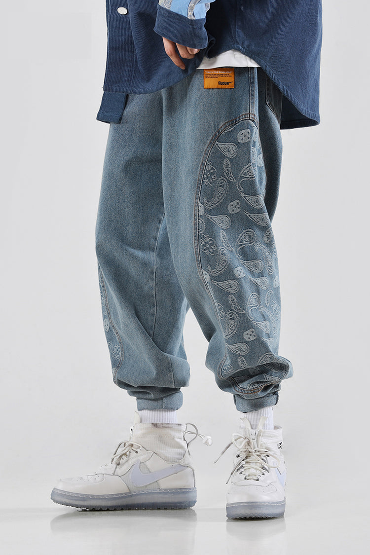 BJHG CASHEW paisley-panel loose jeans, front-side styling showing the loose cut