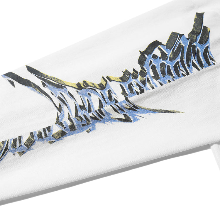 BLACKAIR FAIRY DUST winged-figure sweatshirt, white, sleeve lettering close-up