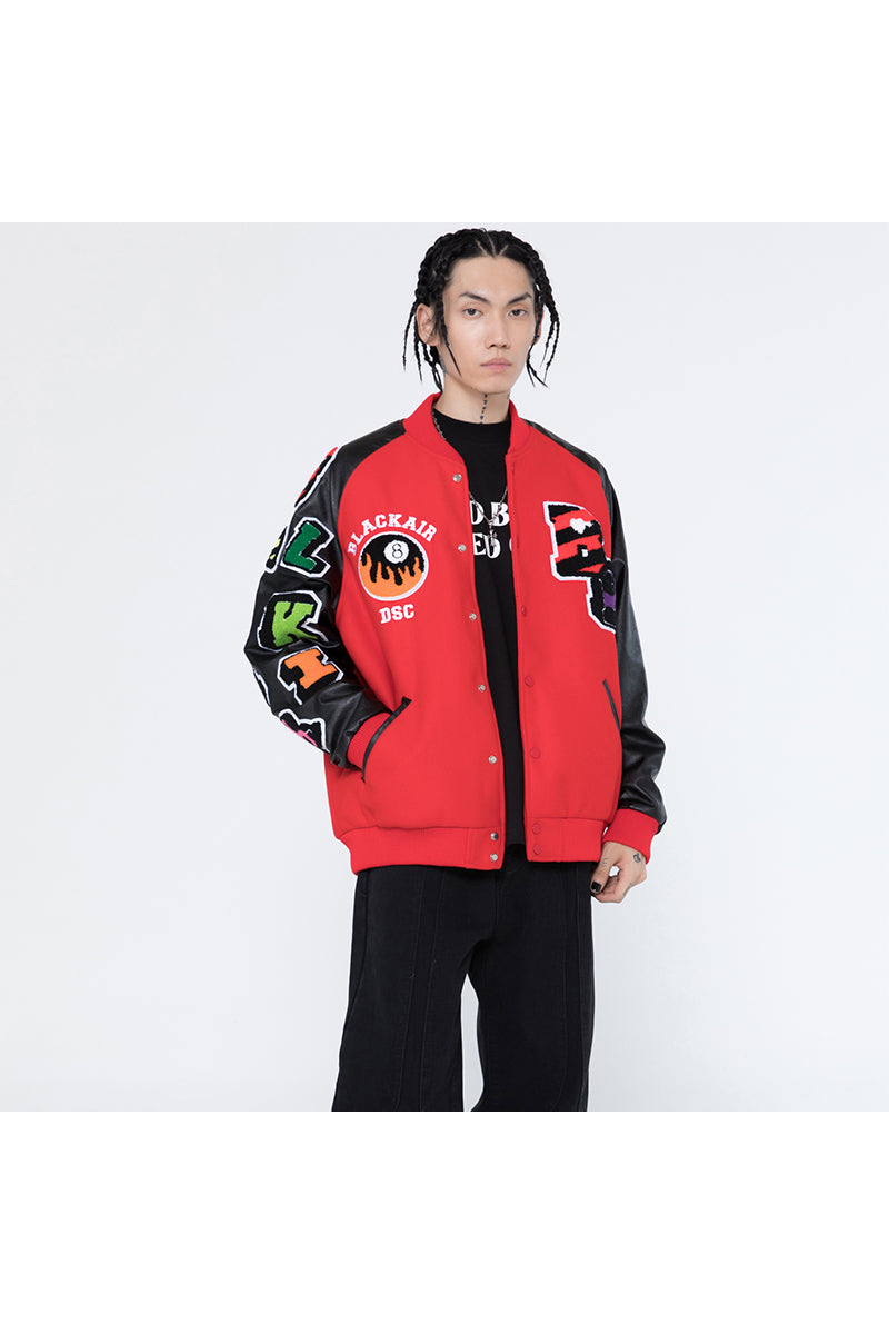 BLACKAIR FIRE POOL eight-ball varsity jacket, red version, front on-body view