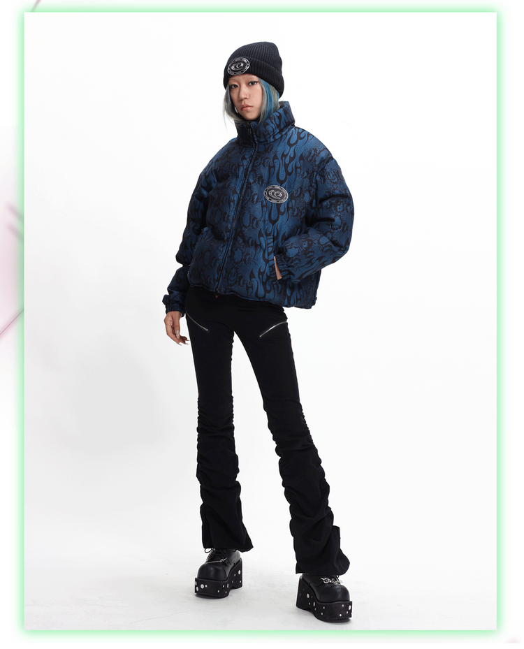 4RE1GN PYTHON FLAME reversible graphic puffer jacket, blue side, full front outfit