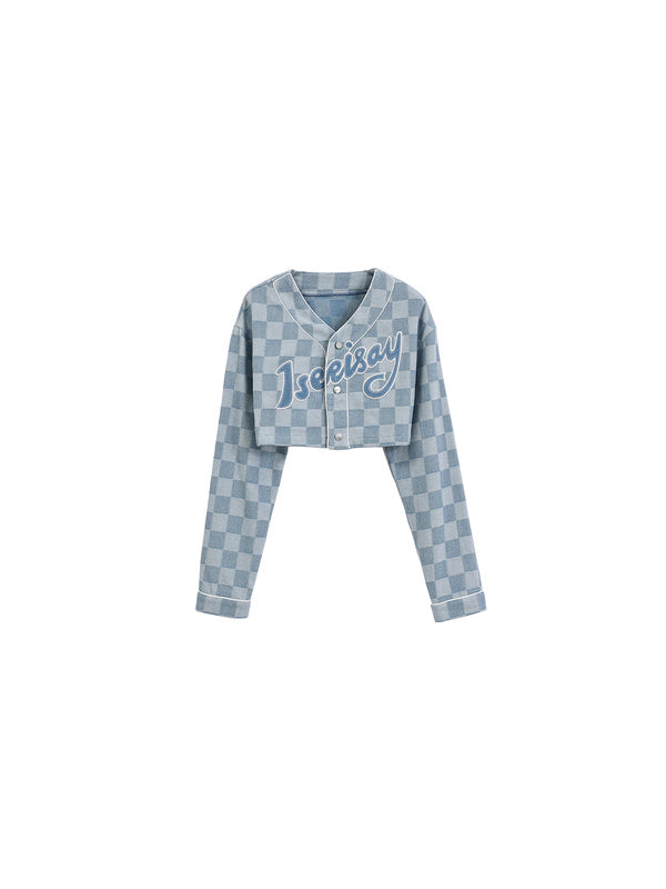ICIC CHECKER cropped denim baseball jacket, product-only front