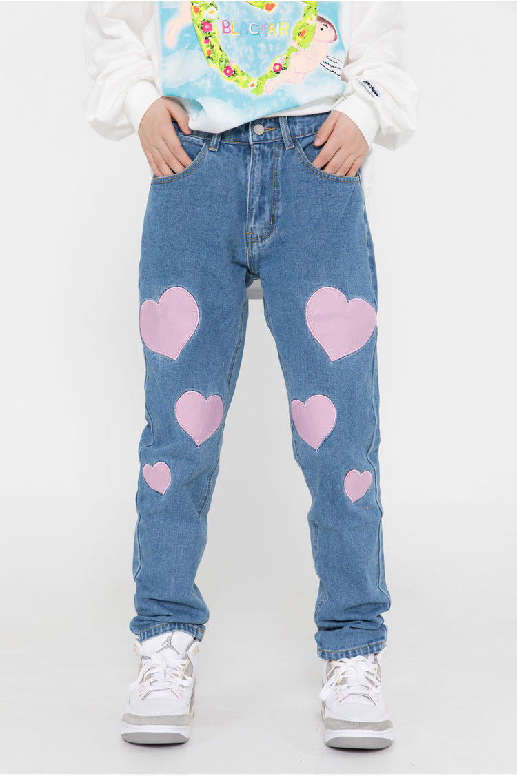 BLACKAIR BIG HEARTS pink-patch jeans, blue version, straight front styling