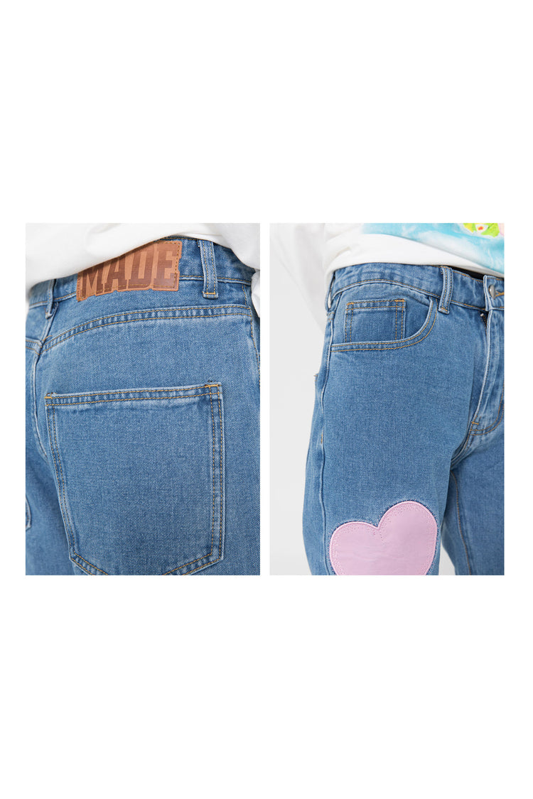 BLACKAIR BIG HEARTS pink-patch jeans, blue version, waist and pocket detail collage